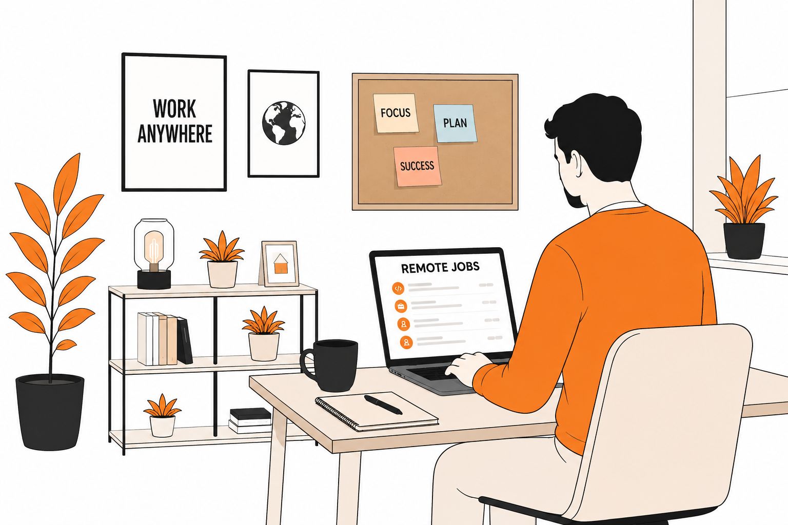 Person working on a laptop displaying a Remote Jobs listings screen in a cozy home office